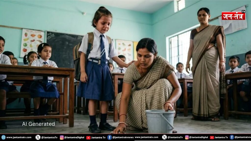 शर्मनाक: मासूम बच्ची की माँ से साफ कराई क्लासरूम की गंदगी!